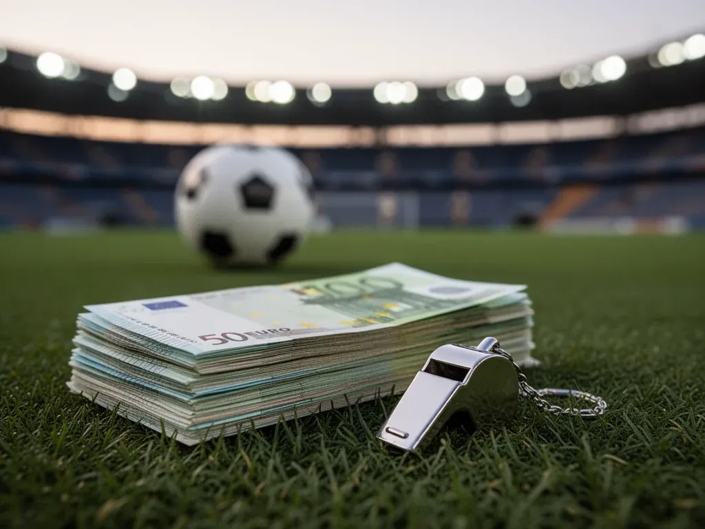 Stos banknotów euro i sędziowski gwizdek na murawie, w tle rozmyty stadion – symbol zarobków piłkarzy ekstraklasy.