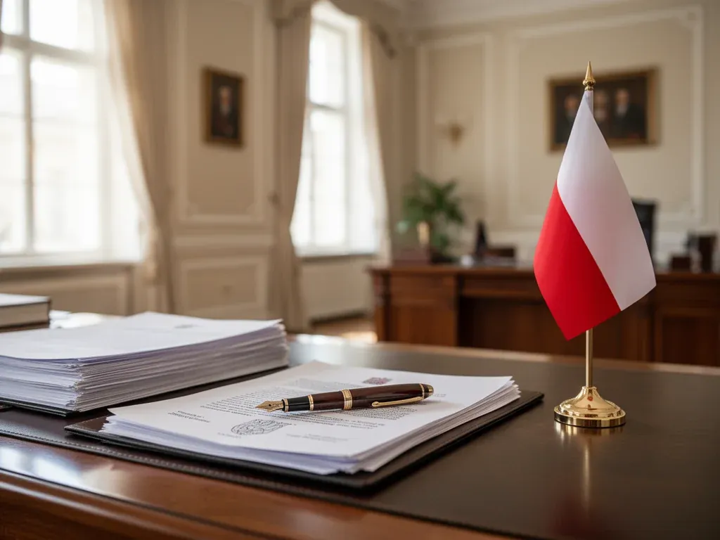 Eleganckie biurko w gabinecie prezydenckim z dokumentami, piórem i flagą Polski, podkreślające oficjalny charakter urzędu.