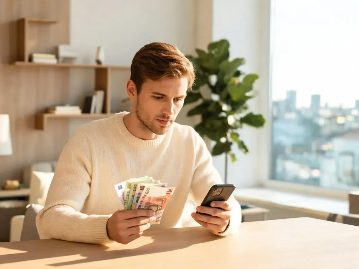 Młody mężczyzna liczy banknoty euro przy biurku i sprawdza smartfon, podkreślając temat zarobków i majątku Skolima.