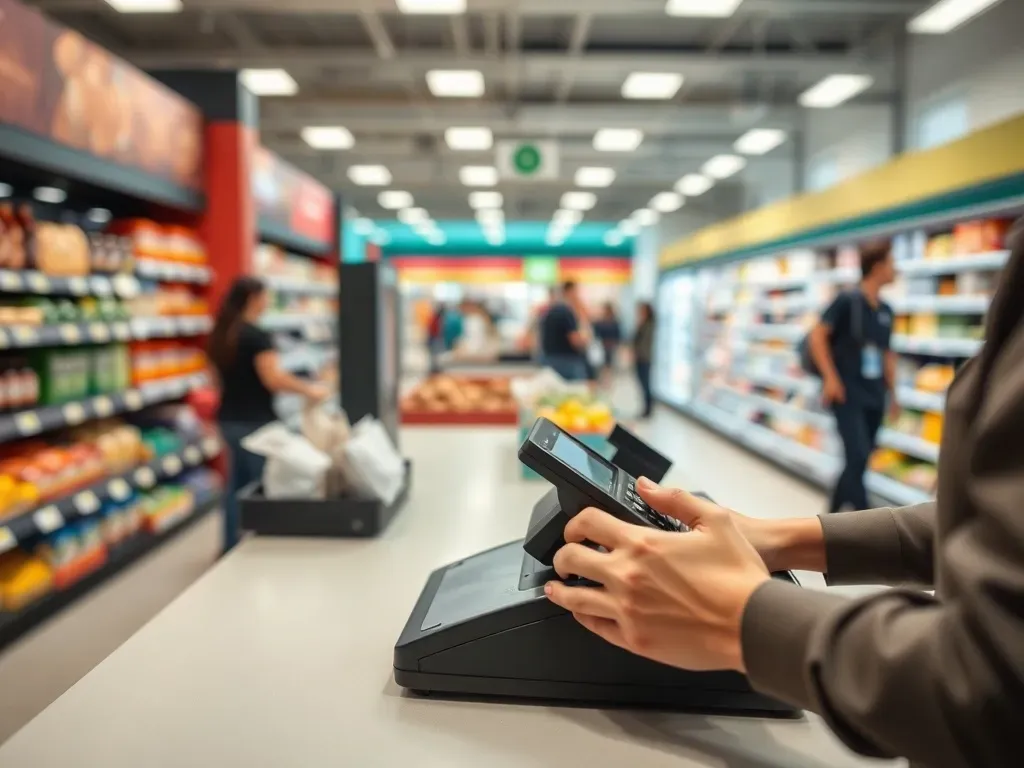 Kasjer skanuje zakupy przy kasie w nowoczesnym supermarkecie, w tle półki z produktami i klienci robiący zakupy.