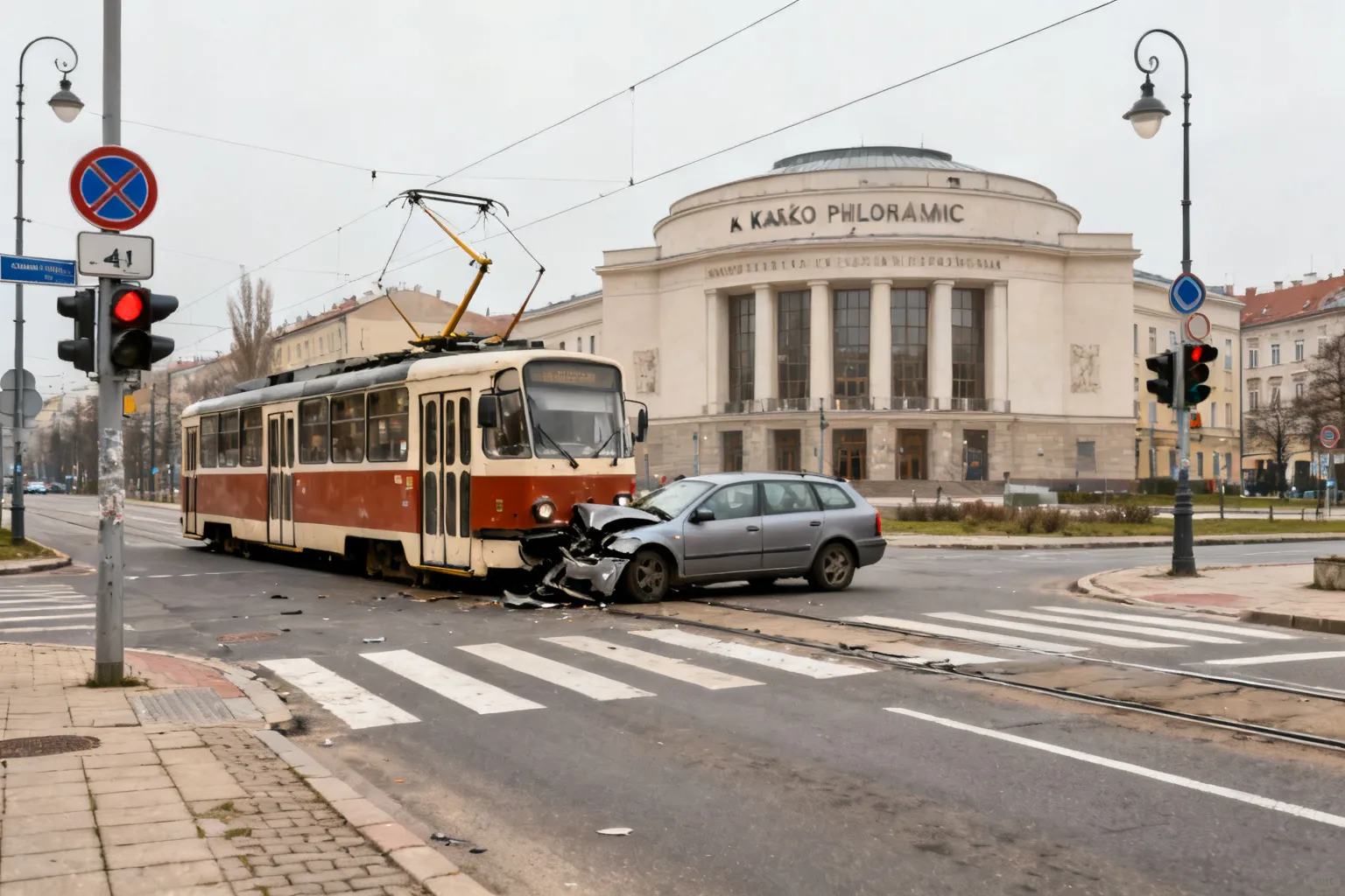 Zderzenie tramwaju z samochodem pod Filharmonią w Krakowie