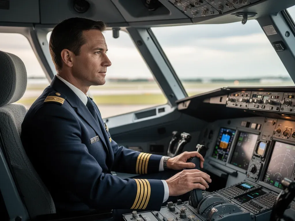 Pilot w kokpicie samolotu pasażerskiego, skupiony na przyrządach, gotowy do startu, symbol odpowiedzialnej i dobrze płatnej pracy