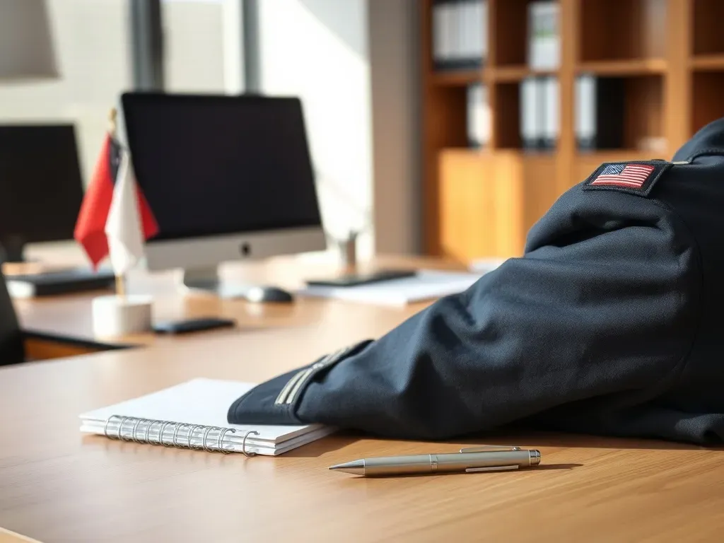 Mundur majora z pagonami leży na biurku obok notesu i długopisu w biurze wojskowym, sugerując temat wynagrodzeń.