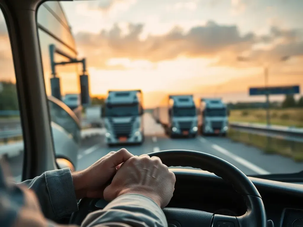 Kierowca tira odpoczywa w kabinie ciężarówki na parkingu w Europie, symbolizując pracę i zarobki w transporcie międzynarodowym.