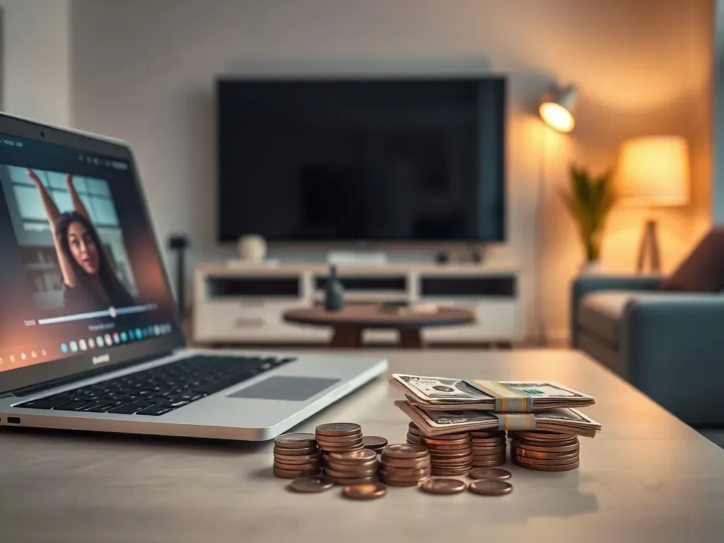 Laptop z włączonym odtwarzaczem wideo, smartfon i stos dolarów symbolizujące zarobki z filmów internetowych.