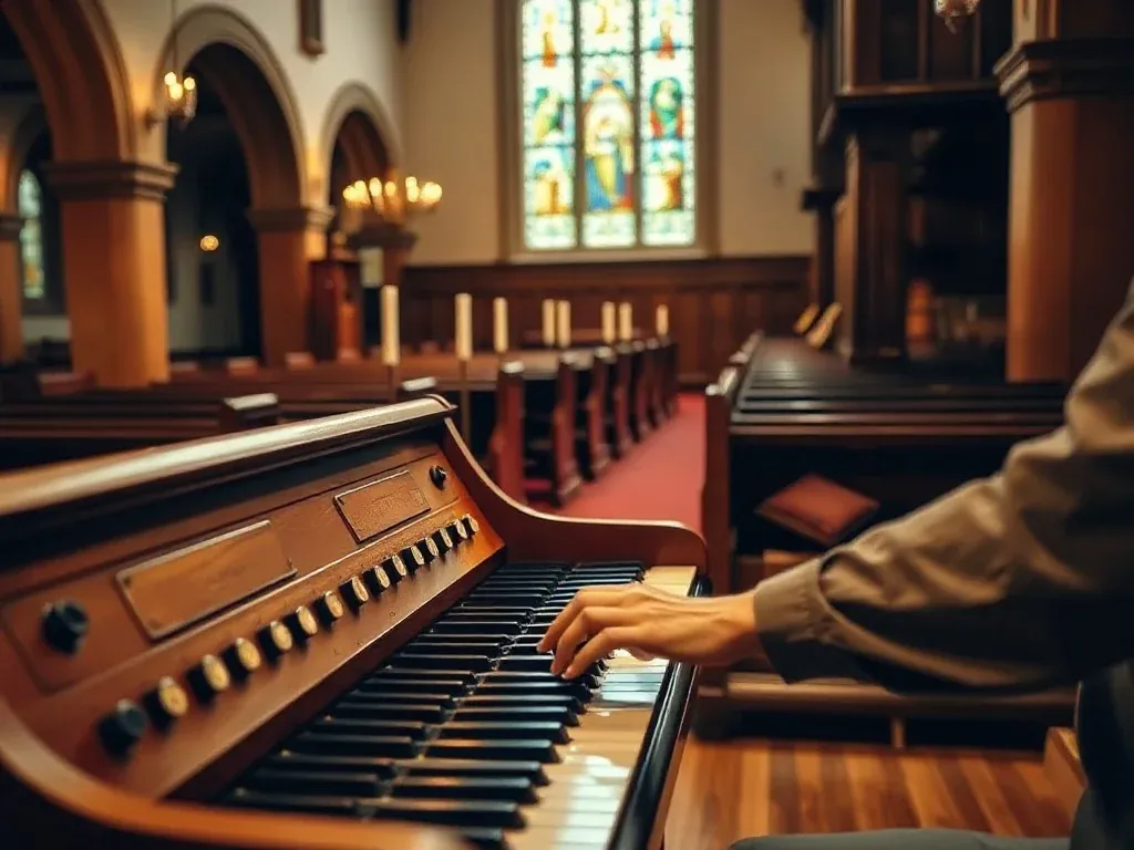 Ręce organisty grającego na drewnianych organach w kościele, w tle ławki, świece i delikatnie podświetlone witraże
