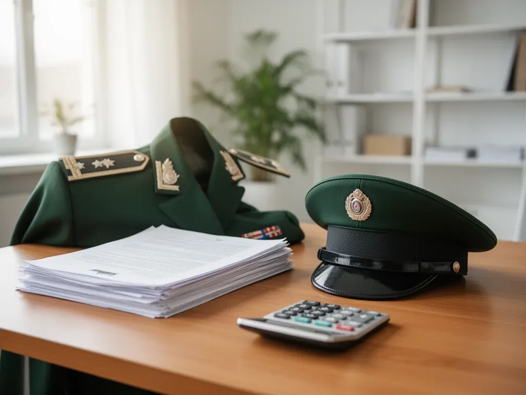 Mundur oficera z widoczną pagonem obok dokumentów i kalkulatora, symbolizujący zarobki i awanse w wojsku