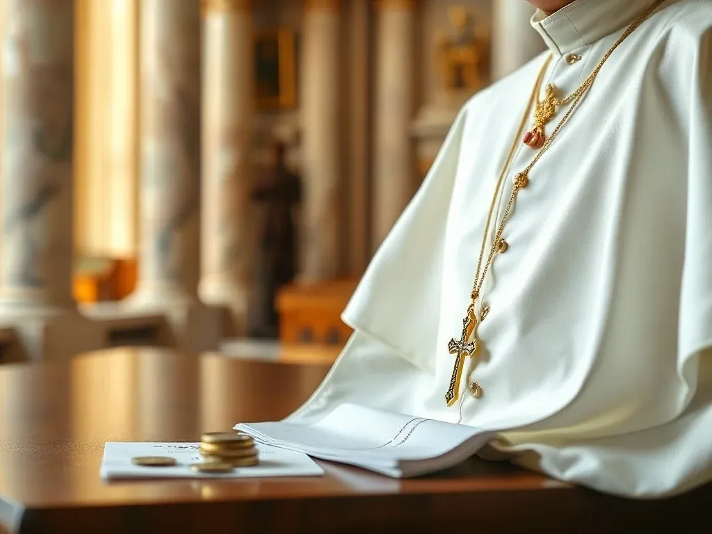 Biała sutanna papieska z krzyżem, obok monety i dokumenty na biurku, symbolizujące zarobki i majątek papieża.