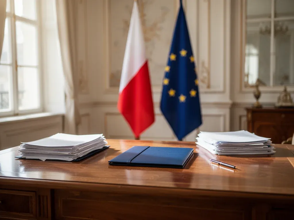 Eleganckie biurko w gabinecie prezydenckim z dokumentami, w tle flaga Polski i UE podkreślające urząd i rangę stanowiska.