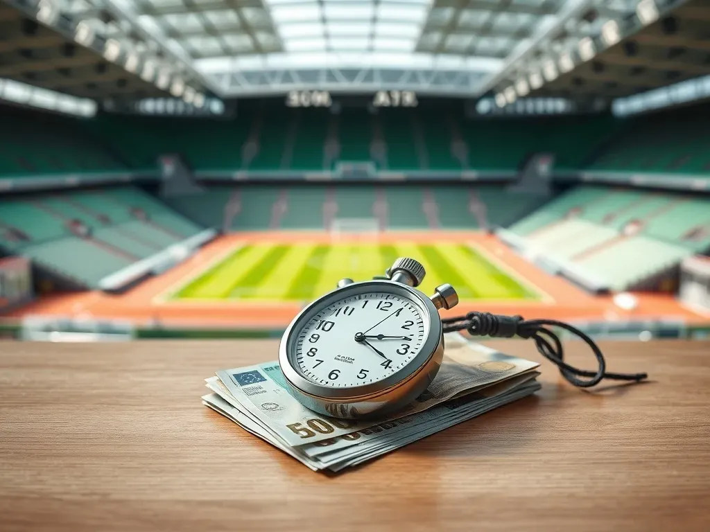 Stoper leżący na banknotach euro na tle stadionu piłkarskiego, symbolizujący zarobki piłkarza w czasie.