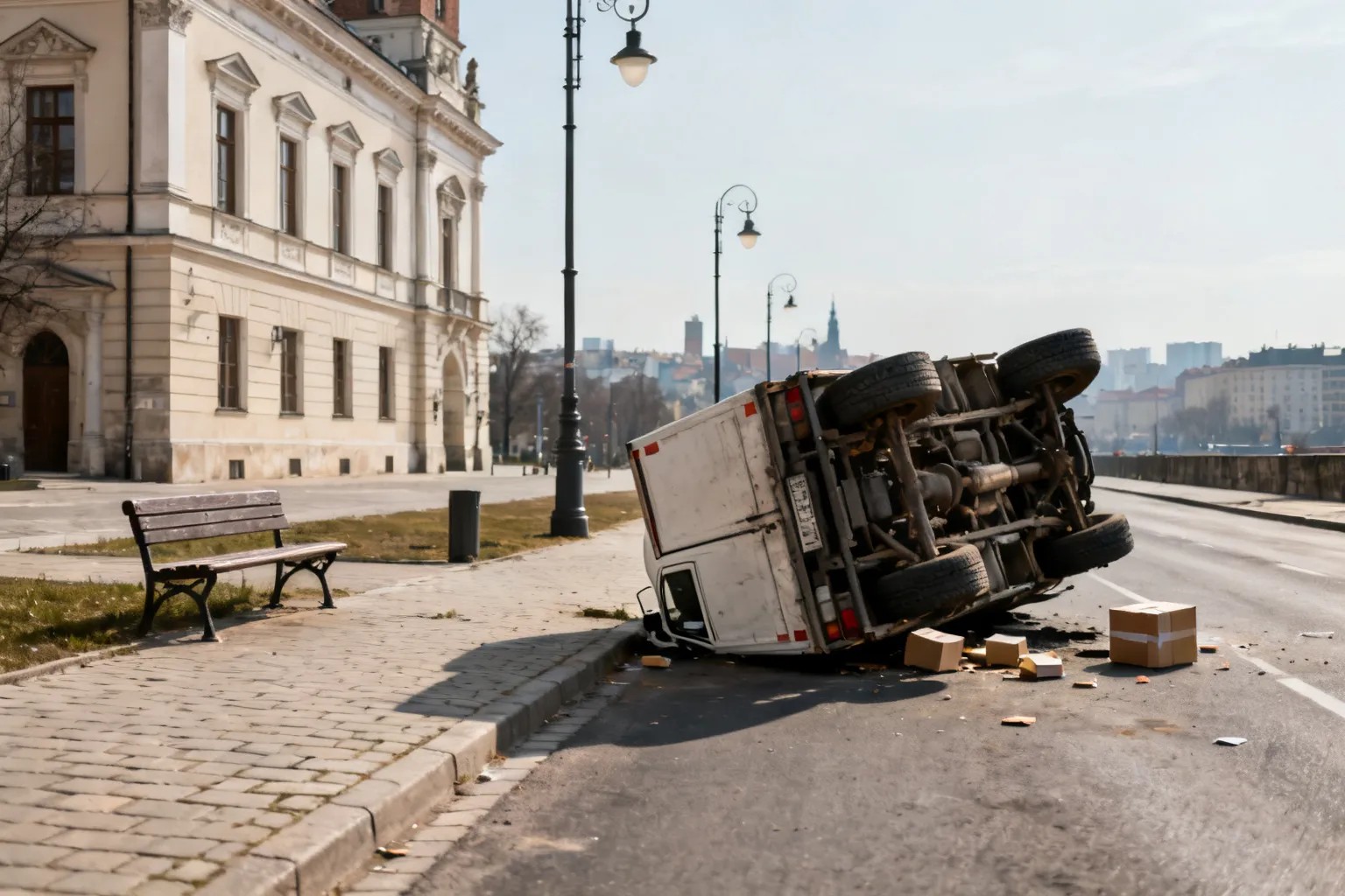 wypadek A4 Kraków Tyniec – samochód dostawczy wypadł z jezdni i przewrócił się