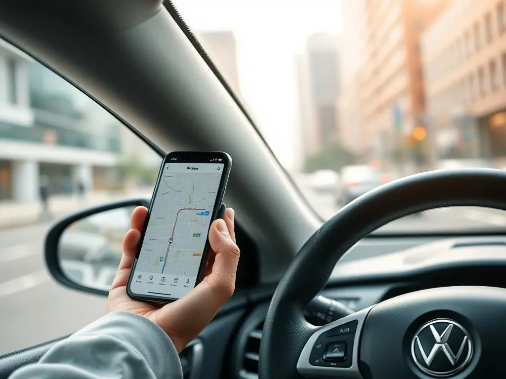 Smartfon z nawigacją w uchwycie obok kierownicy, symbolizujący codzienną pracę i zarobki kierowcy Ubera w mieście