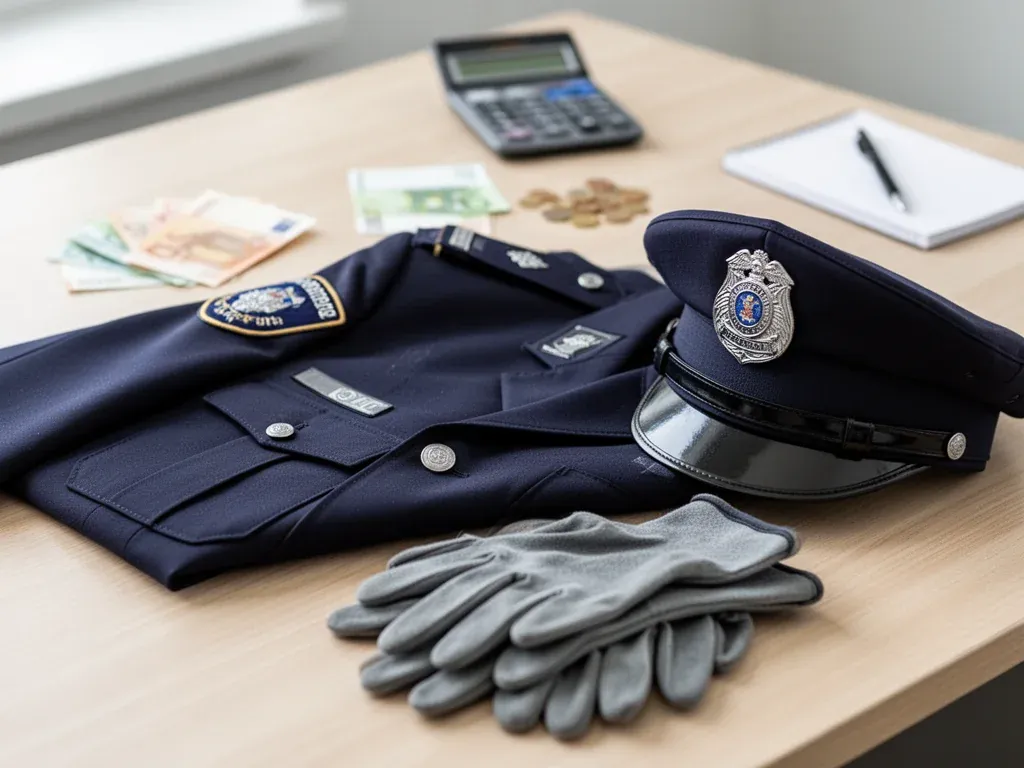 Mundur policyjny ułożony na biurku, w tle kalkulator i euro, symbolizujące zarobki i dodatki policjanta