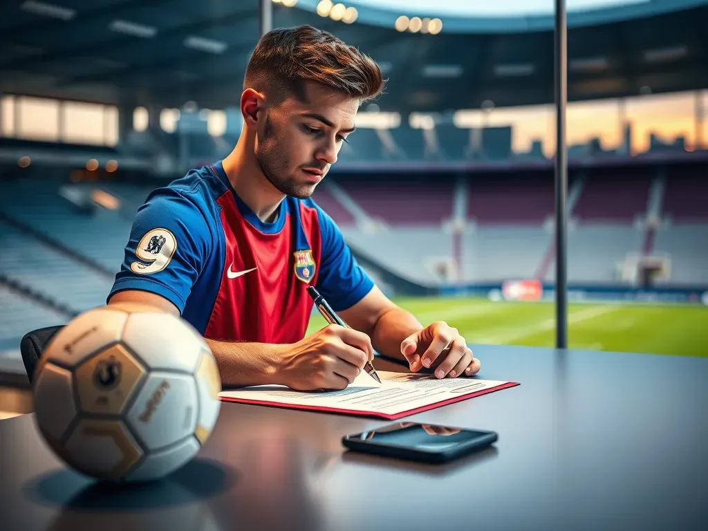 Lamine Yamal w koszulce Barcelony podpisuje kontrakt przy biurku, obok leży piłka i smartfon, w tle stadion o zachodzie słońca.