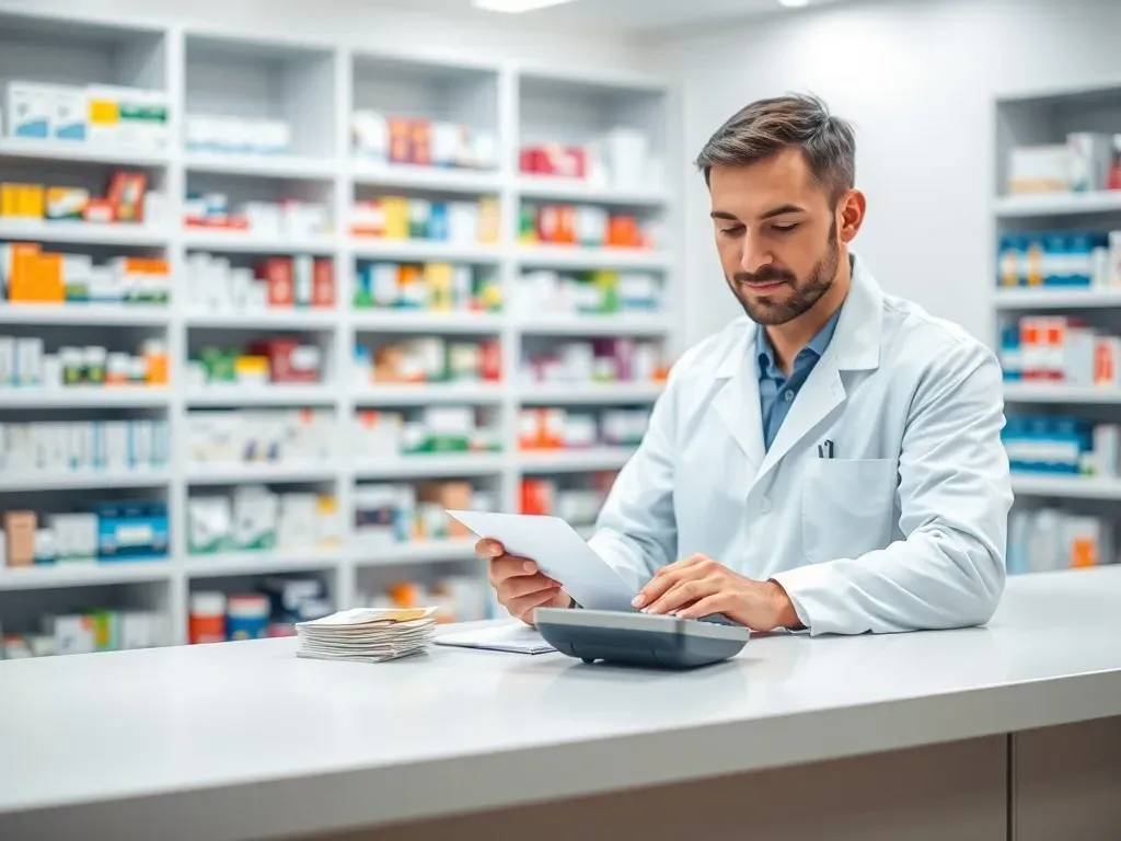 Farmaceuta przy ladzie analizuje pasek wynagrodzenia z kalkulatorem i euro, symbolizując zarobki magistra farmacji