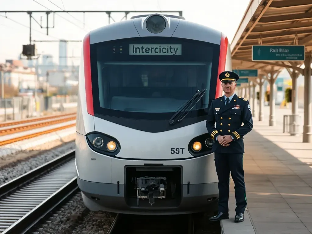 Maszynista Intercity w mundurze przy nowoczesnym pociągu na peronie, symbol stabilnej i dobrze płatnej pracy