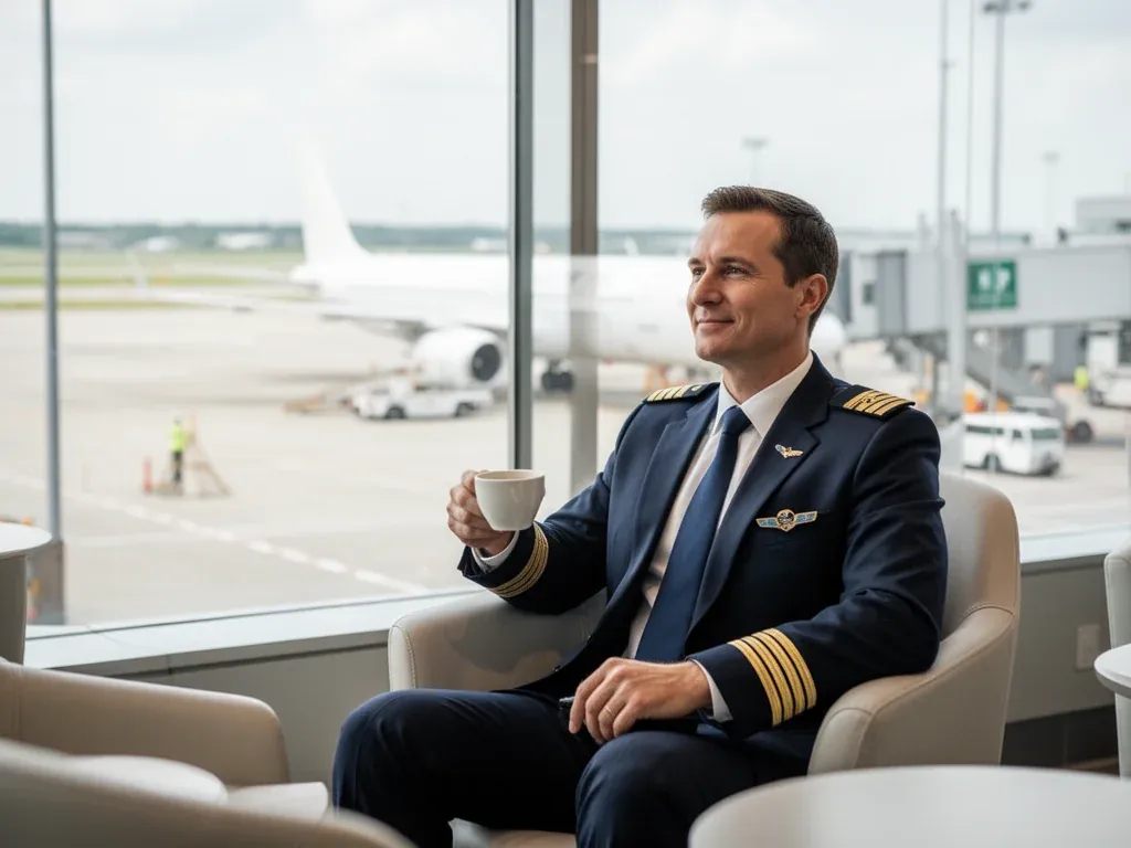 Pilot linii Ryanair w mundurze odpoczywa z kawą w nowoczesnej poczekalni lotniska, w tle samolot przy bramce