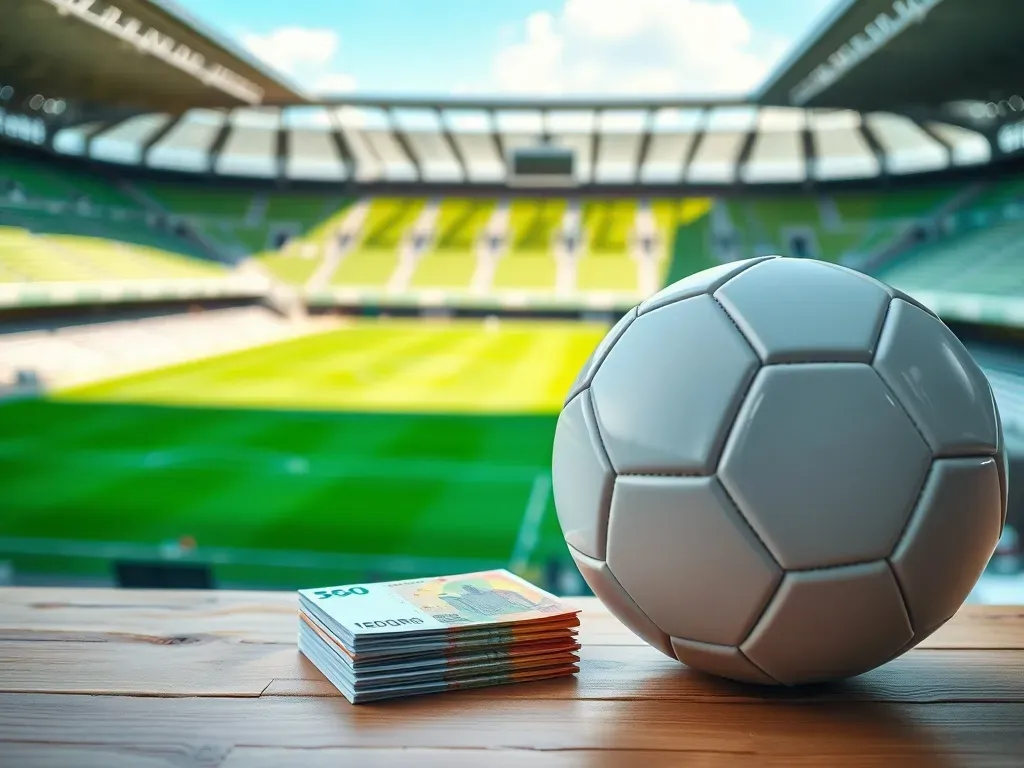 Piłka nożna i plik euro na tle nowoczesnego stadionu, symbolizujące wysokie zarobki piłkarzy jak Lewandowski.