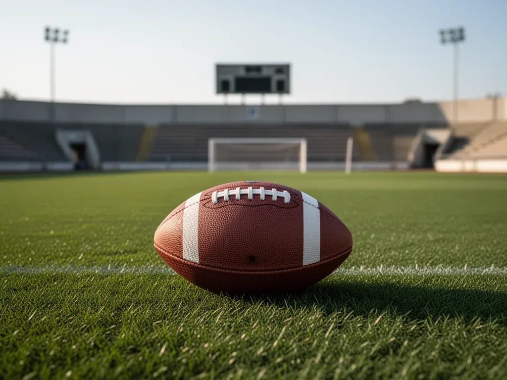 Piłka nożna na murawie małego, pustego stadionu, symbolizująca realia gry i zarobków piłkarzy w 2 lidze.