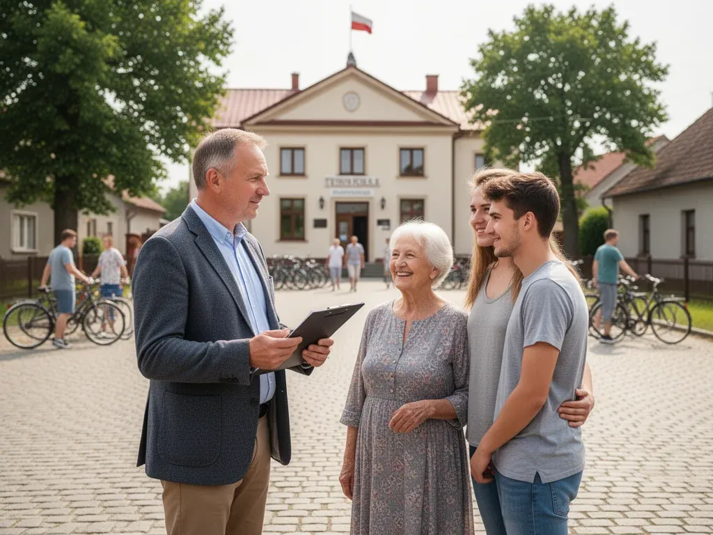 Sołtys na wiejskim rynku rozmawia z mieszkańcami, w tle urząd gminy i zabudowa typowej polskiej wsi