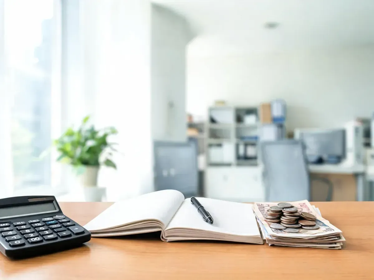 Biurko z kalkulatorem, notatnikiem i pieniędzmi symbolizuje obliczanie diet i wynagrodzeń radnych gminy.