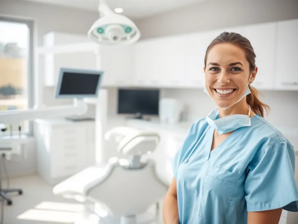 Uśmiechnięta higienistka stomatologiczna w nowoczesnym gabinecie, obok fotela dentystycznego, podkreślenie profesjonalizmu i zawodu.