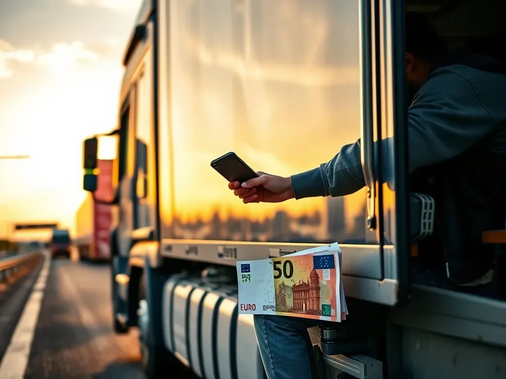 Kierowca ciężarówki na parkingu autostrady liczy banknoty w euro i złotówkach, rozważając zarobki w kraju i za granicą.
