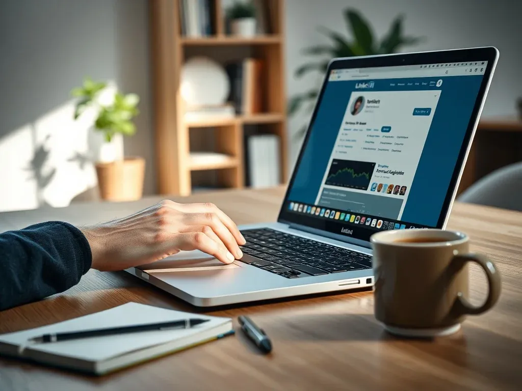 Osoba pracuje nad profilem na LinkedIn na laptopie w minimalistycznym biurze, budując profesjonalną markę osobistą.