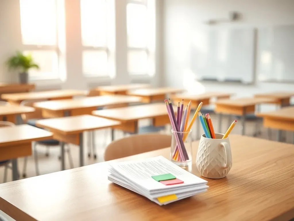 Nowoczesna, jasna sala lekcyjna z biurkiem nauczyciela, podkreślająca profesjonalne środowisko pracy i warunki zawodu.