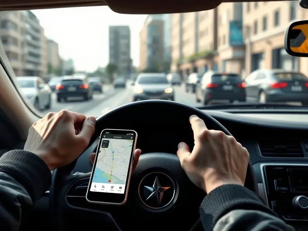 Kierowca Bolta prowadzący auto po mieście, na desce rozdzielczej telefon z nawigacją, codzienna praca i kursy w tle.