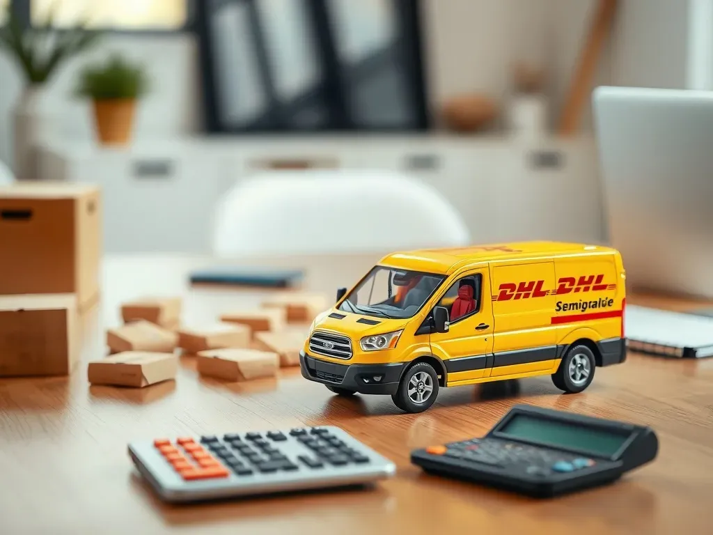 Miniaturowy żółty van kurierski DHL z kartonikami i kalkulatorem, symbolizujący obliczanie zarobków kuriera DHL.