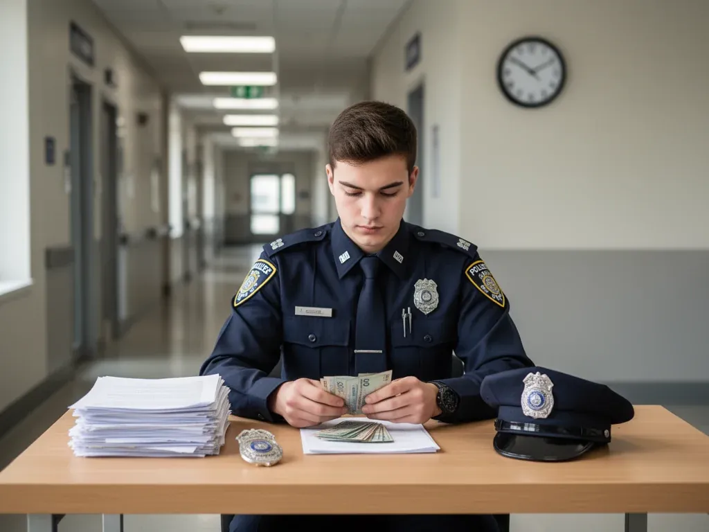 Młody policjant liczy banknoty przy biurku na tle komendy, symbolizując zarobki po studiach i perspektywy awansu.