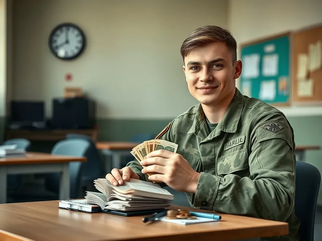 Młody kapral w mundurze liczy banknoty przy biurku w wojskowym gabinecie, symbolizując zarobki i dodatki w wojsku.