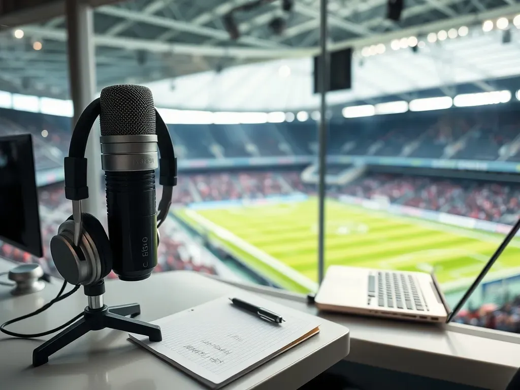 Stanowisko komentatora sportowego z mikrofonem i laptopem na tle jasnego stadionu, symbolizujące pracę i zarobki w tym zawodzie.