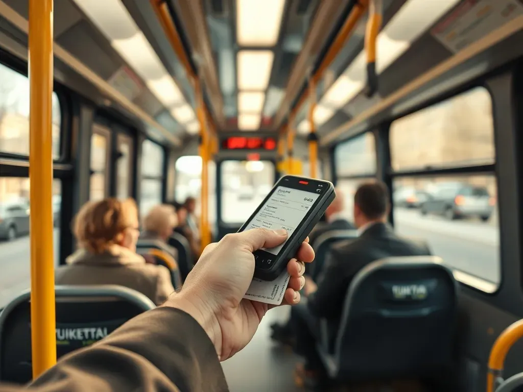 Kontroler biletów w miejskim autobusie skanuje bilet pasażera, ukazując realia pracy i warunki zatrudnienia