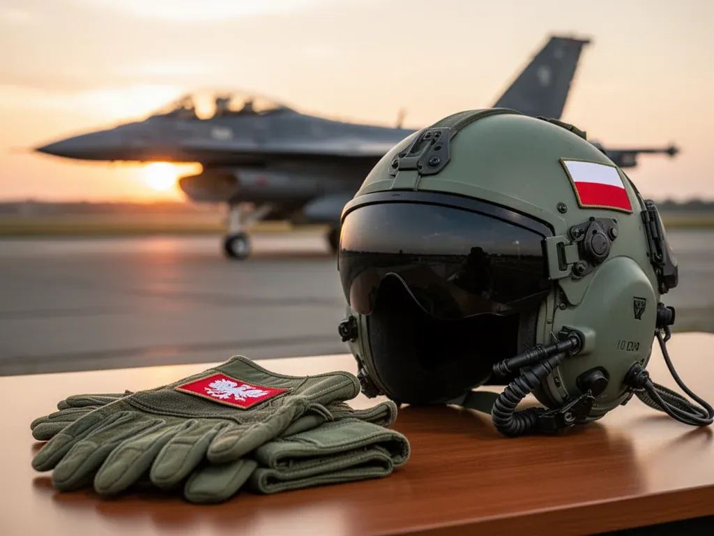 Hełm pilota F-16 z rękawicami i naszywką z flagą Polski na tle myśliwca na pasie startowym o zachodzie słońca