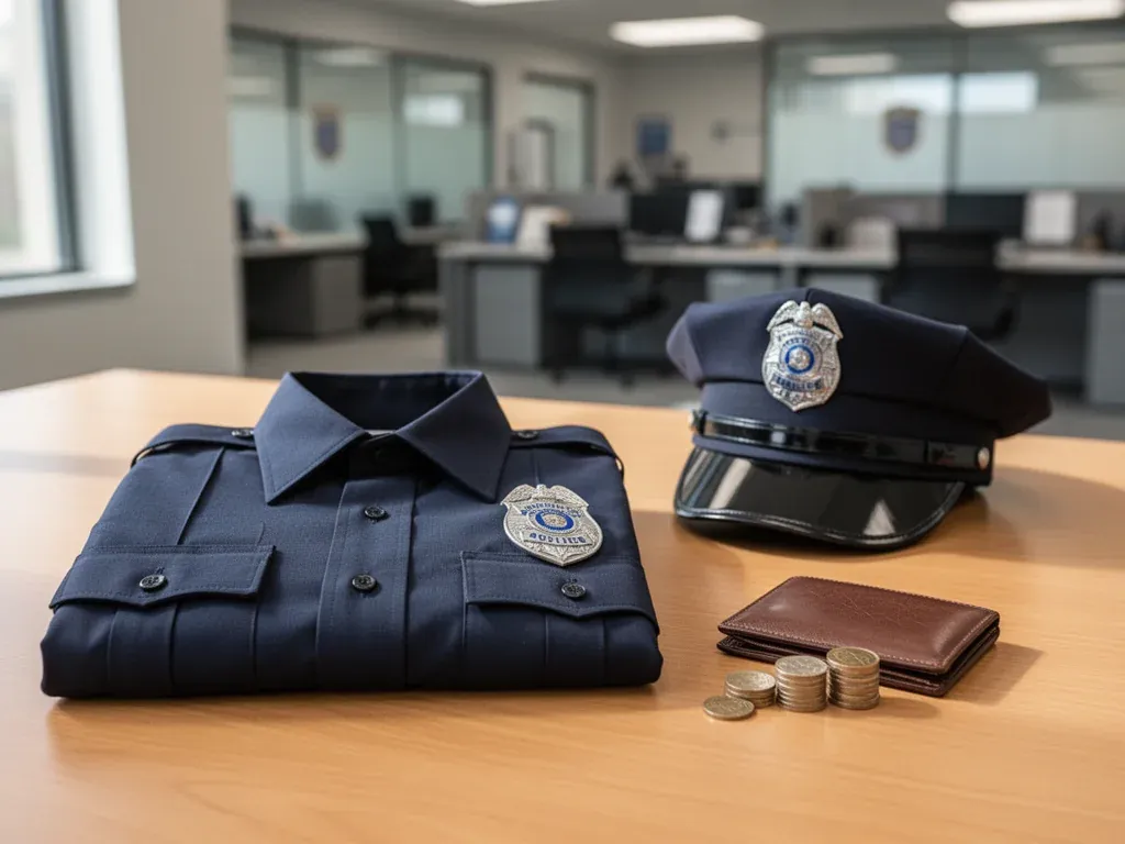 Starannie złożony mundur policyjny z portfelem i monetami na biurku, symbolizujący pensję początkującego policjanta.