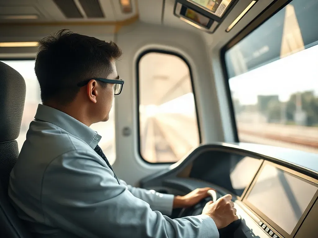 Maszynista pendolino w nowoczesnej kabinie, skoncentrowany przy pulpicie, ilustruje zawód i odpowiedzialność za pociąg.