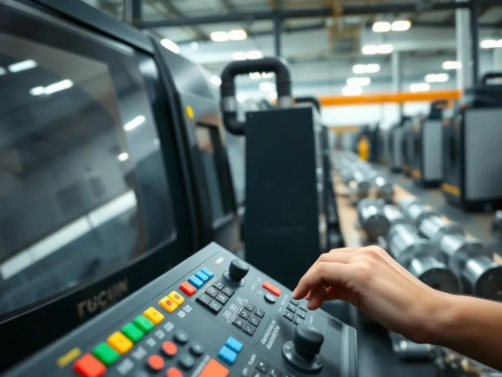 Operator obsługuje panel maszyny CNC w nowoczesnej hali produkcyjnej, symbolizując pracę i zarobki w tym zawodzie.