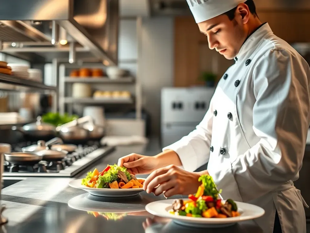 Kucharz w nowoczesnej kuchni restauracyjnej starannie układa danie na talerzu, podkreślając profesjonalne warunki pracy.