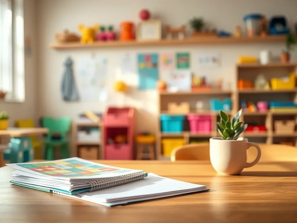 Biurko nauczyciela w przytulnej sali przedszkolnej, dokumenty i planner podkreślające profesjonalne środowisko pracy