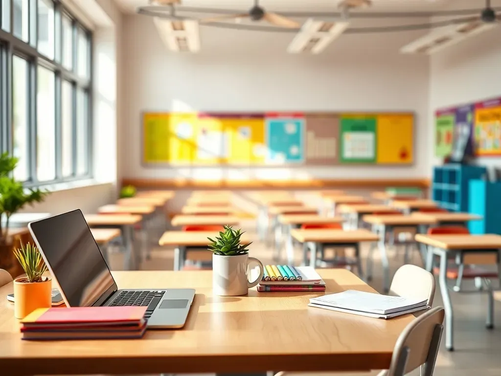 Nowoczesna, jasna klasa z biurkiem nauczyciela, laptopem i zeszytami, symbolizująca pracę i warunki pracy nauczyciela klas 1–3