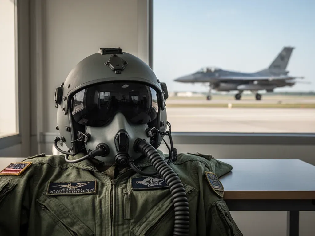 Hełm pilota F16 z maską tlenową na mundurze, w tle pas startowy i myśliwiec, symbol pracy i zarobków pilota.