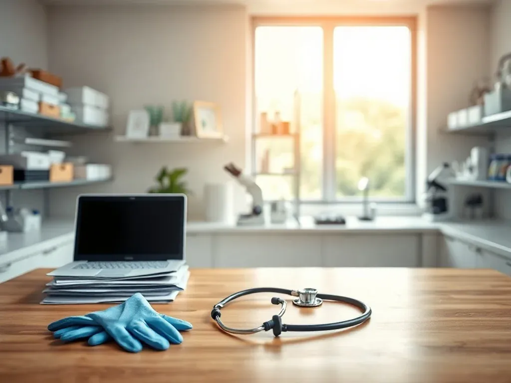 Nowoczesne biuro patologa z biurkiem, stetoskopem i rękawiczkami, w tle laboratorium, podkreślające profesjonalne warunki pracy