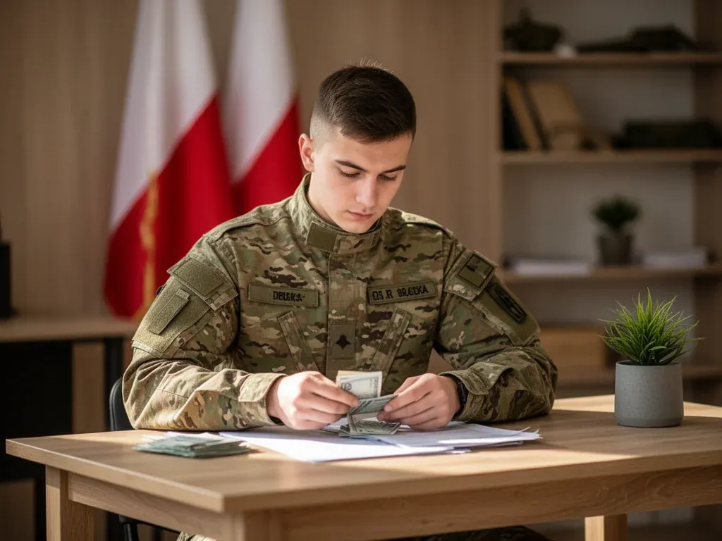 Młody podporucznik w mundurze liczy pieniądze przy biurku, przeglądając dokumenty na tle rozmazanej polskiej flagi.