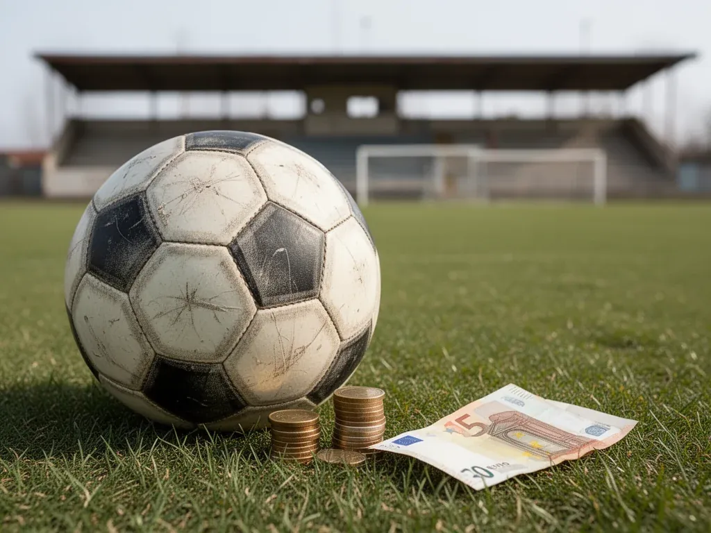 Piłka nożna na murawie obok euro, symbolizująca zarobki i premie piłkarzy w 3 lidze