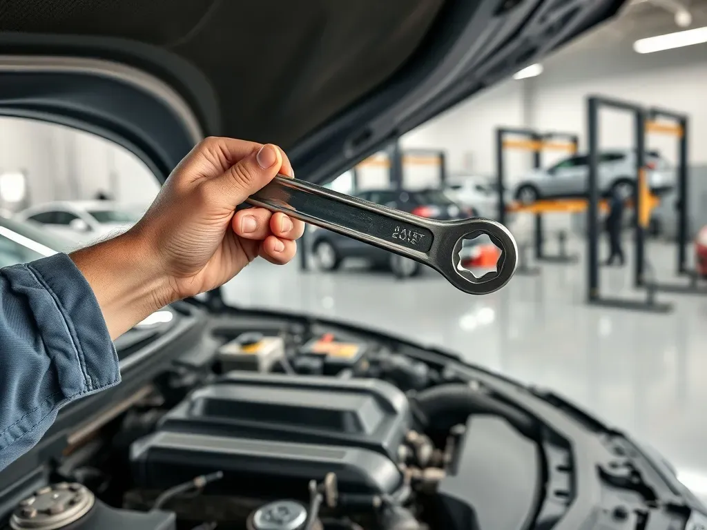 Mechanik pracuje przy otwartym silniku samochodu w nowoczesnym, czystym warsztacie, trzymając klucz płaski w dłoniach