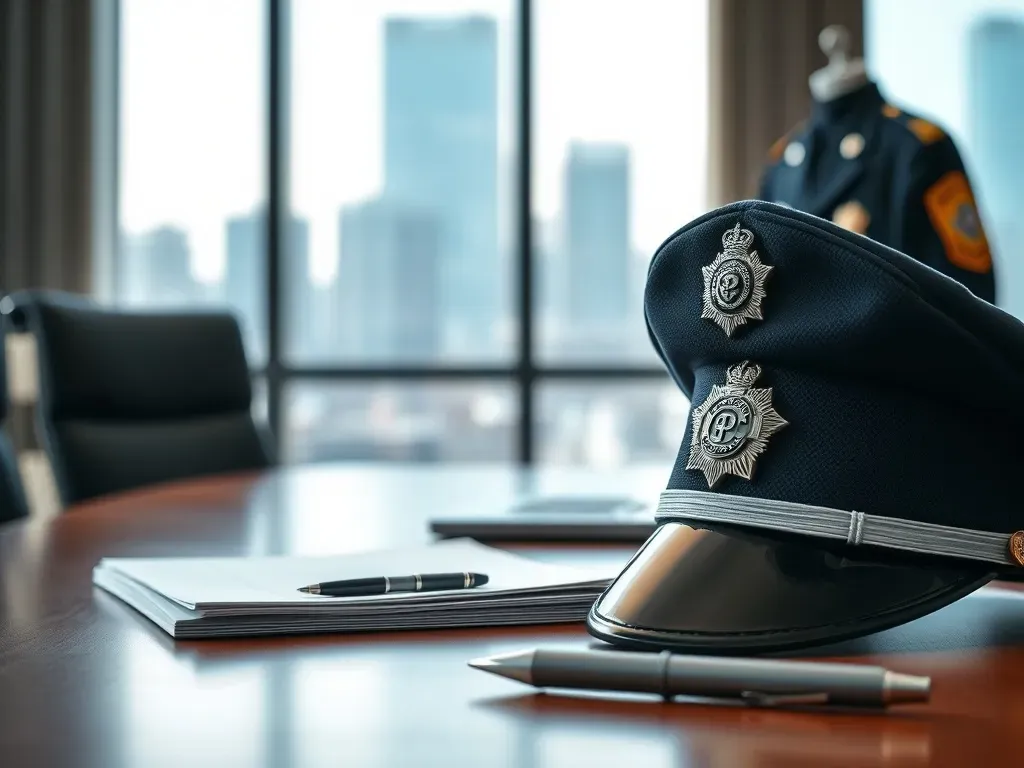 Służbowa czapka, odznaka i dokumenty komendanta policji na biurku, symbolizujące jego stanowisko i odpowiedzialność.