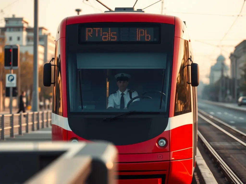Nowoczesny tramwaj z motorniczym w kabinie na miejskiej pętli, ilustrujący pracę i warunki zatrudnienia motorniczych.