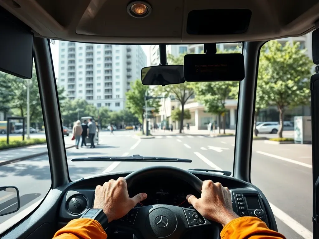 Kierowca miejskiego autobusu przy kierownicy na tle przystanku, symbolizujący pracę i zarobki w komunikacji miejskiej.